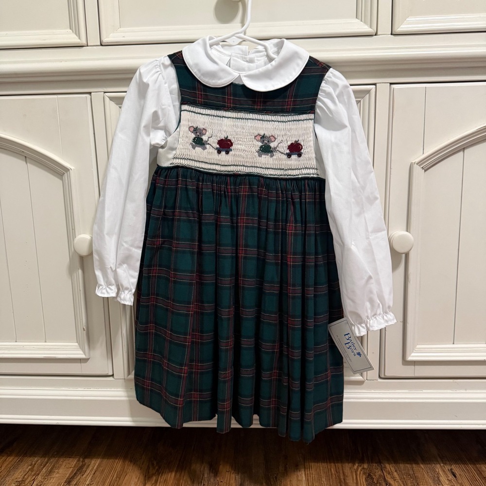 NWT Bailey Boys Smocked Plaid Jumper Dress Kids 5 Green Red Holiday Mouse NEW!